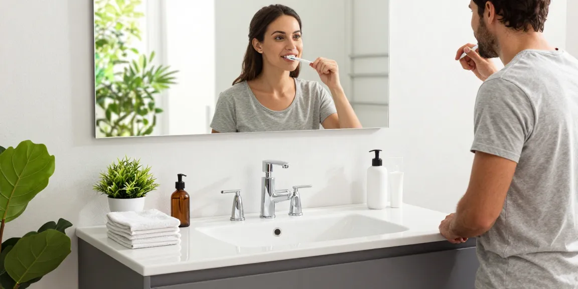 Stijlvol wastafelmeubel in een moderne badkamer met een stel dat zich voorbereidt op de dag.
