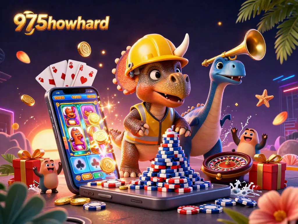 Engage with vibrant 975howard casino action featuring a triceratops building poker chips and celebrating wins.