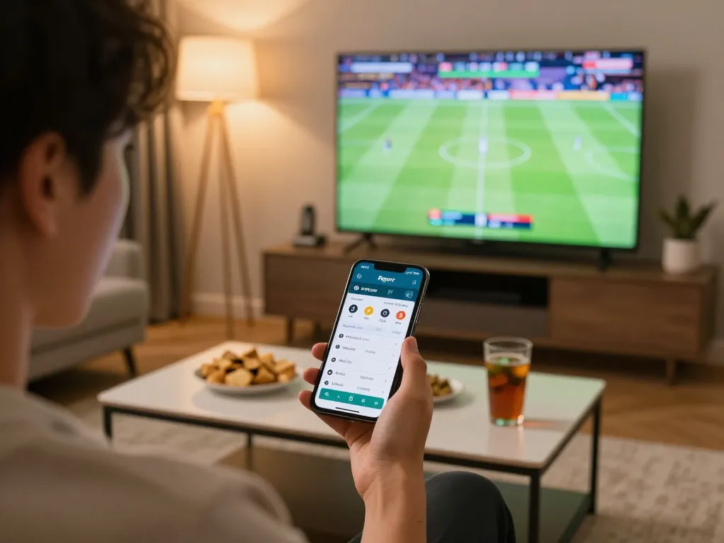 Engaging with the Bsport app while placing live sports bets in a cozy home setup.