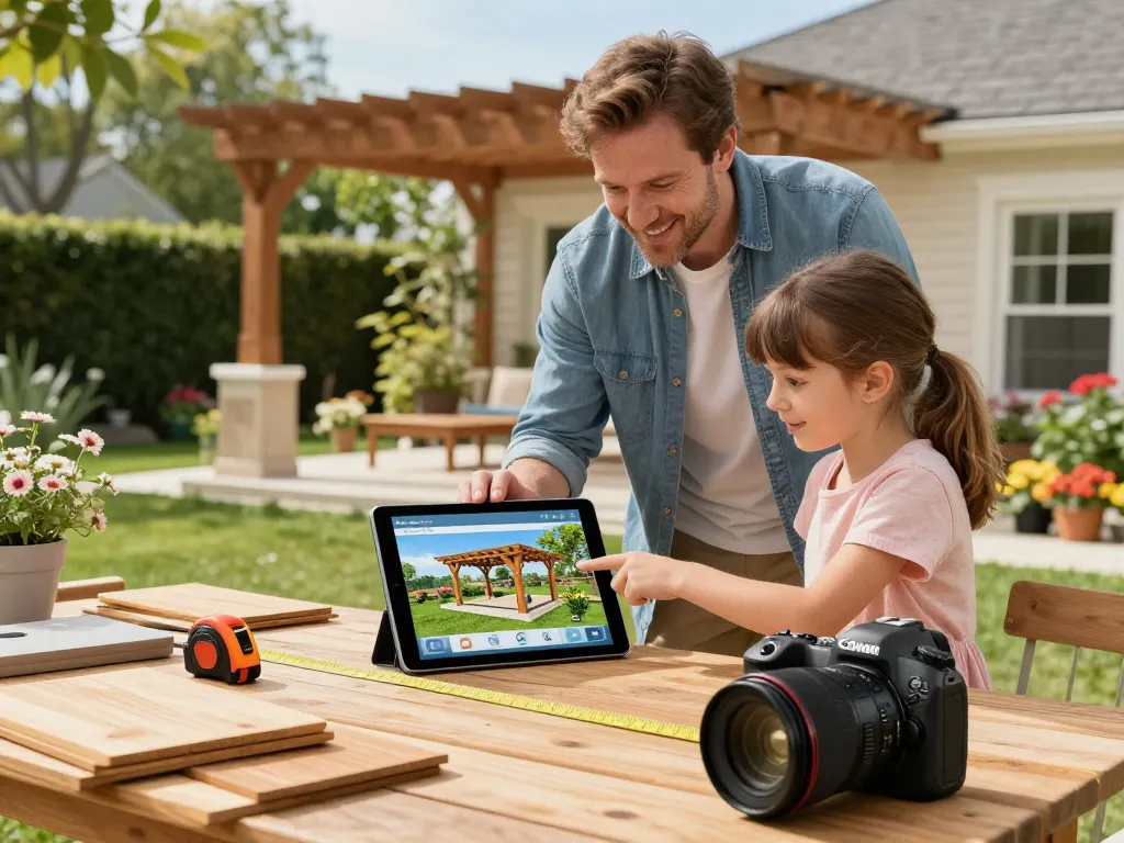 Familie gestaltet einen individuellen Pergola Konfigurator 3D in ihrem Garten und zeigt Kreativität und Zusammenarbeit.
