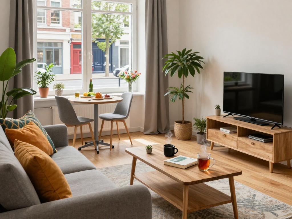 Gemütliches Monteurzimmer in Hannover mit stilvollem Wohnbereich, das Komfort und moderne Einrichtung zeigt.