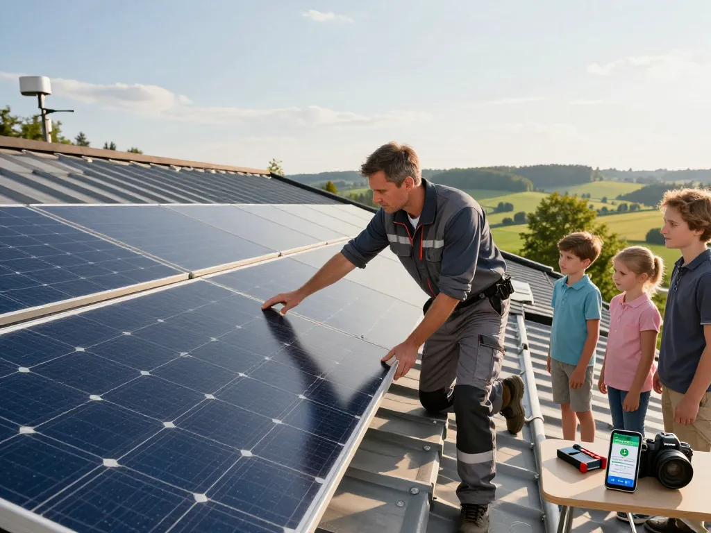 Installation von Photovoltaik in Bayern, die die Installation von Solarpanels zeigt, während ein Techniker und eine Familie zuschauen, um herausragende erneuerbare Energien hervorzuheben.