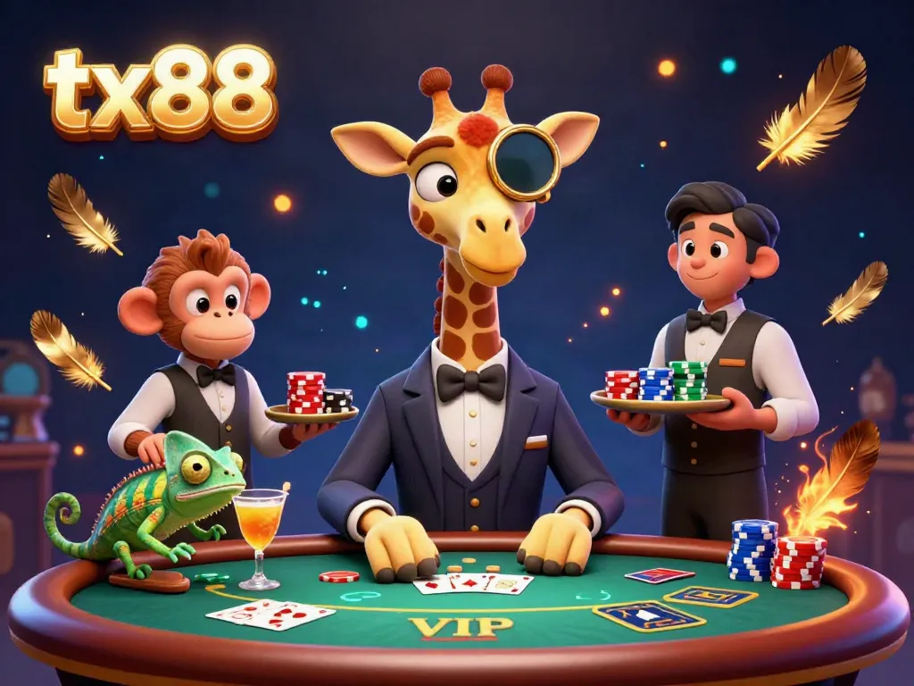 Join the excitement at tx88 with an animated scene of a high-roller giraffe and friends at a vibrant casino table.