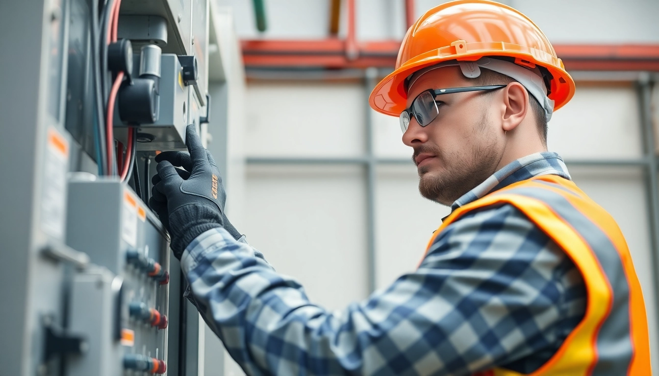 Electrician conducting a DGUV V3 Prüfung with safety gear on electrical equipment.