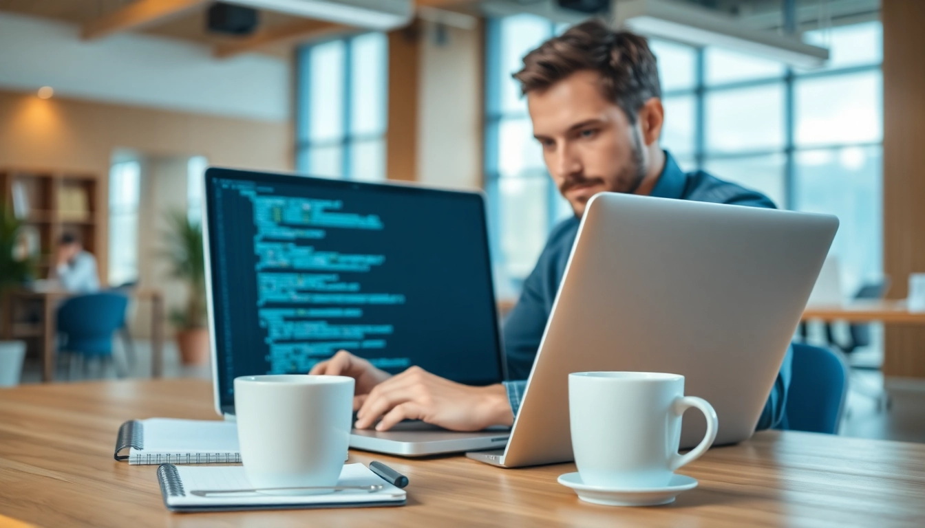 Shopware Entwickler arbeitet an einem Laptop in einem modernen Büro mit viel natürlichem Licht.