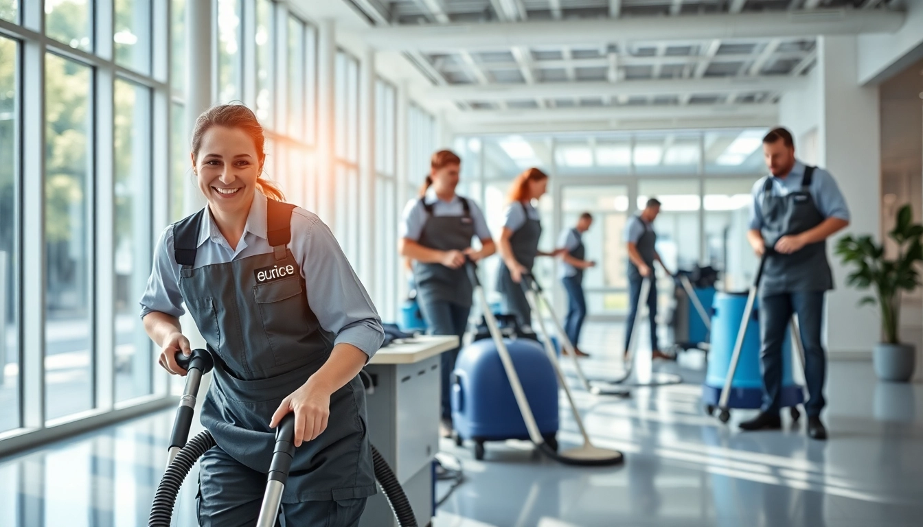 Efficient Gebäudereinigung Ulm team performing office cleaning, highlighting professionalism and teamwork.