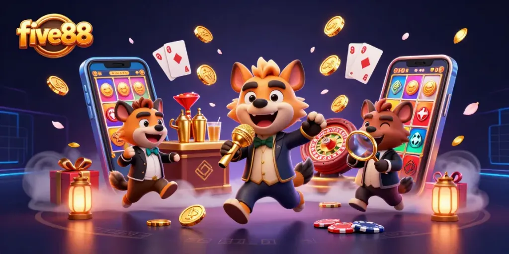 Engage with exciting five88 casino action featuring cartoon hyenas in a vibrant club setting.