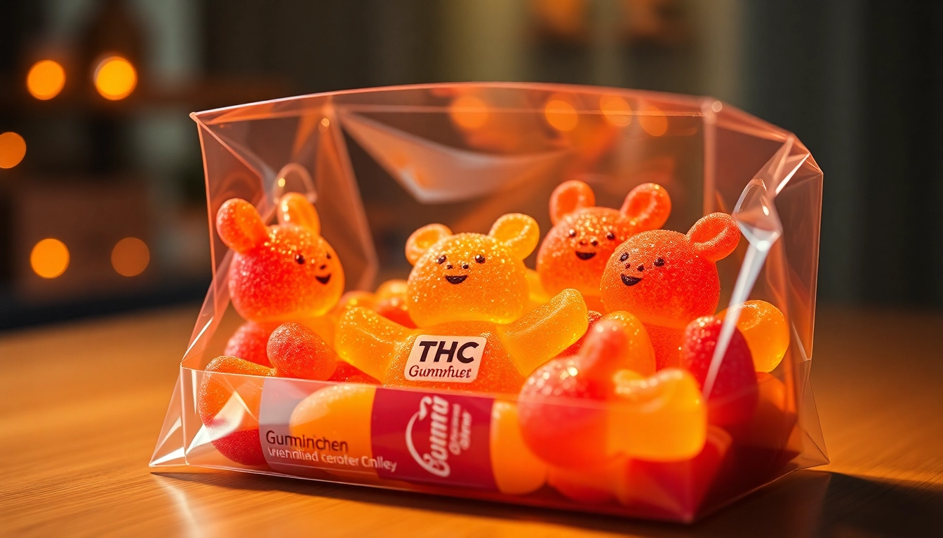 Leckere Thc gummibärchen in bunten Farben, präsentiert in einer stilvollen Verpackung, bereit zum Genießen.