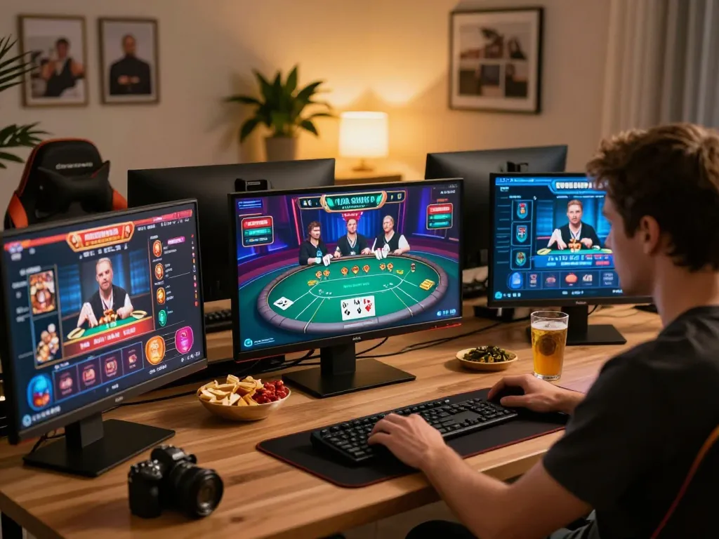 A player engages in strategic online poker gameplay at their mk8th gaming setup, showcasing immersive home gaming