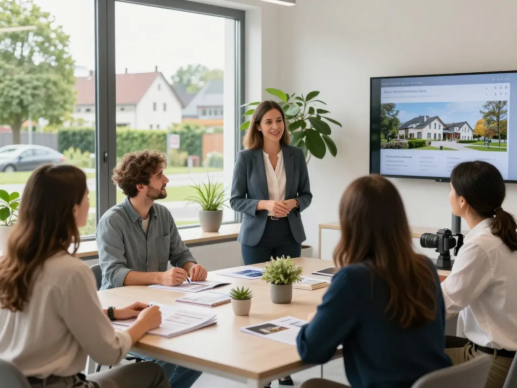 Immobilienmakler Frankfurt Preungesheim, der mit Kunden in einem modernen Büro interagiert, Immobilien präsentiert und eine einladende Atmosphäre schafft.