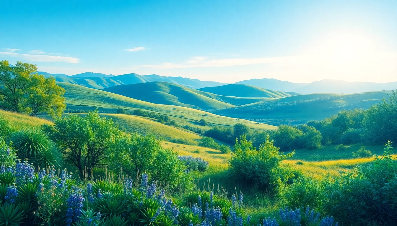 Visual representation of Klima showcasing a tranquil landscape with green hills and a clear blue sky, symbolizing balance.