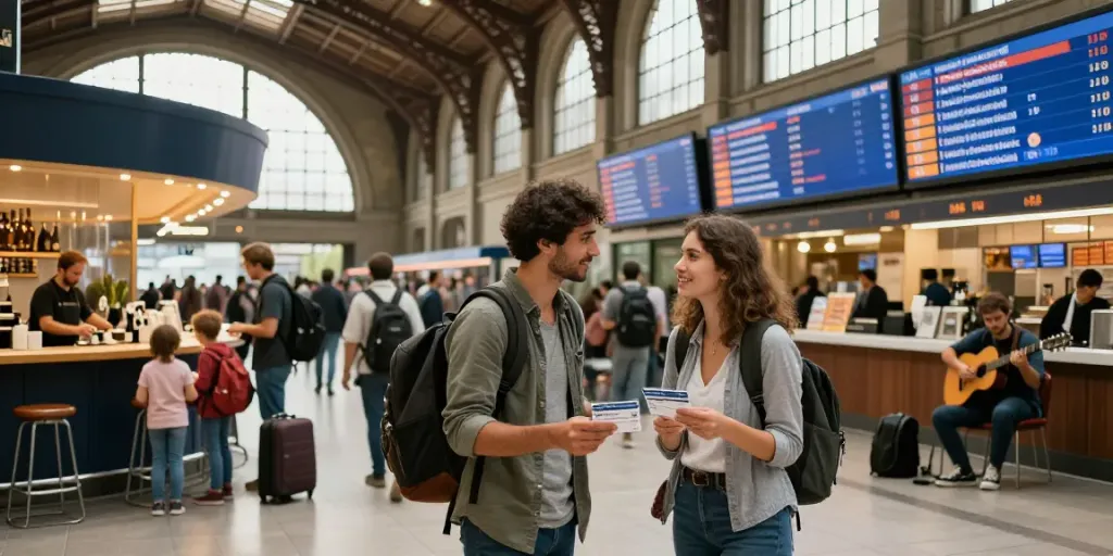 Ein Paar mit internationalen Zugtickets an einem belebten Bahnhof, umgeben von Reisenden und historischem Ambiente.