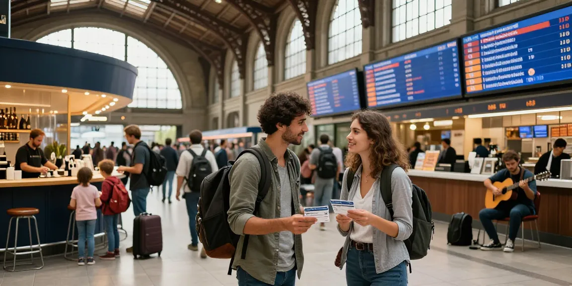 Ein Paar mit internationalen Zugtickets an einem belebten Bahnhof, umgeben von Reisenden und historischem Ambiente.