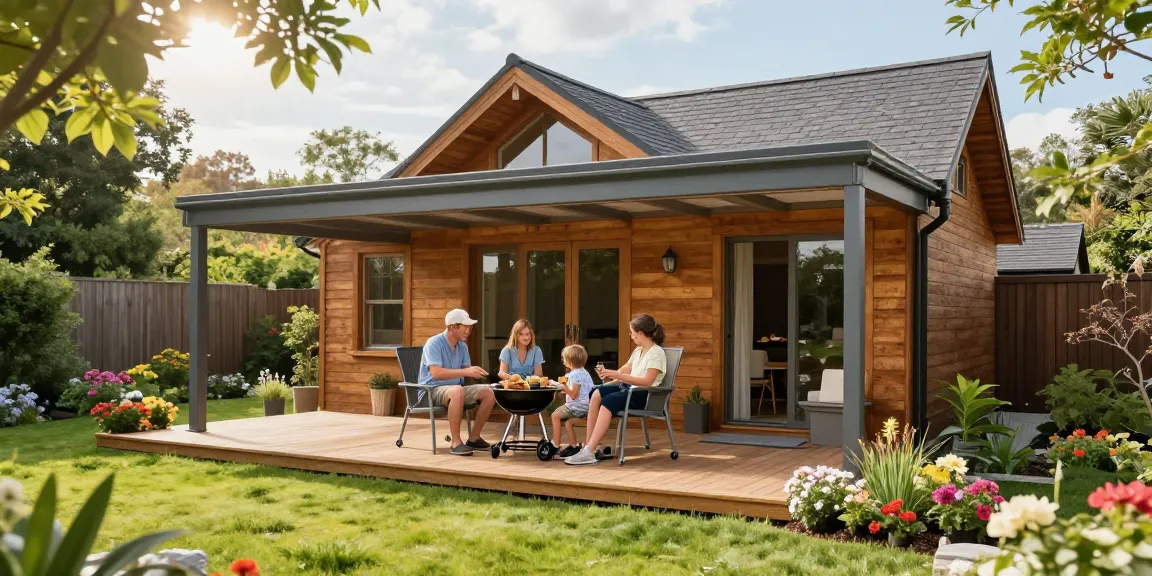 Familie beim Gartenhaus kaufen und Entspannen auf einer Terrasse unter einem stilvollen Terrassendach.
