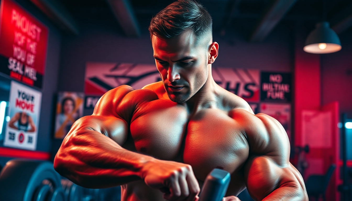 Der trenbolon preis wird von einem muskulösen Bodybuilder in einem energiegeladenen Fitnessstudio hervorgehoben.