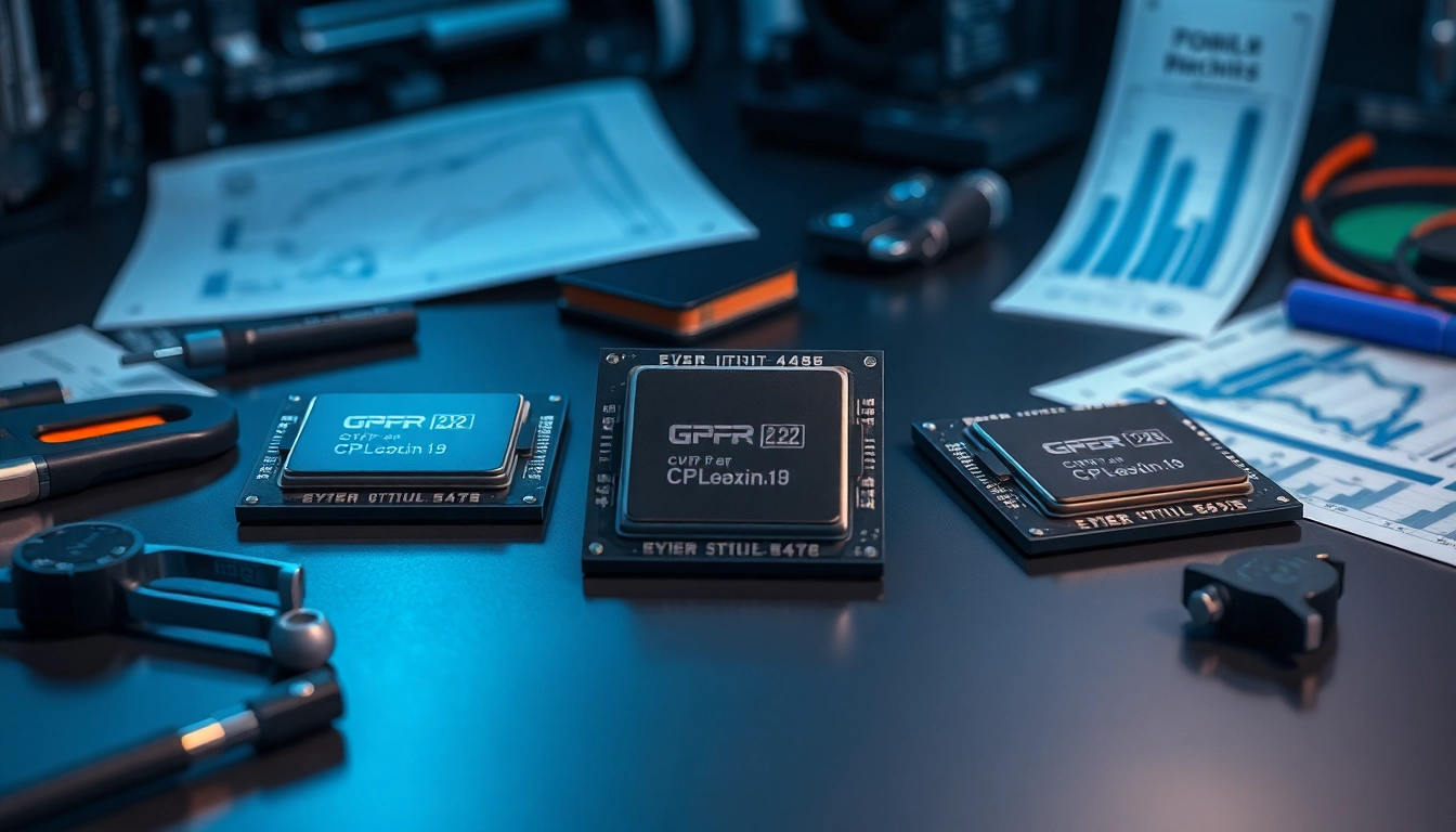 Prozessor Vergleich der neuesten CPUs auf einem eleganten Schreibtisch mit Beschriftungen und Diagrammen.