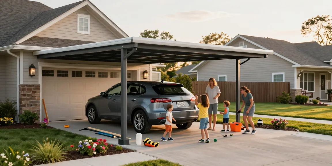 Ein Carport schützt das Familienauto in einer einladenden Nachbarschaft, während Kinder spielen.