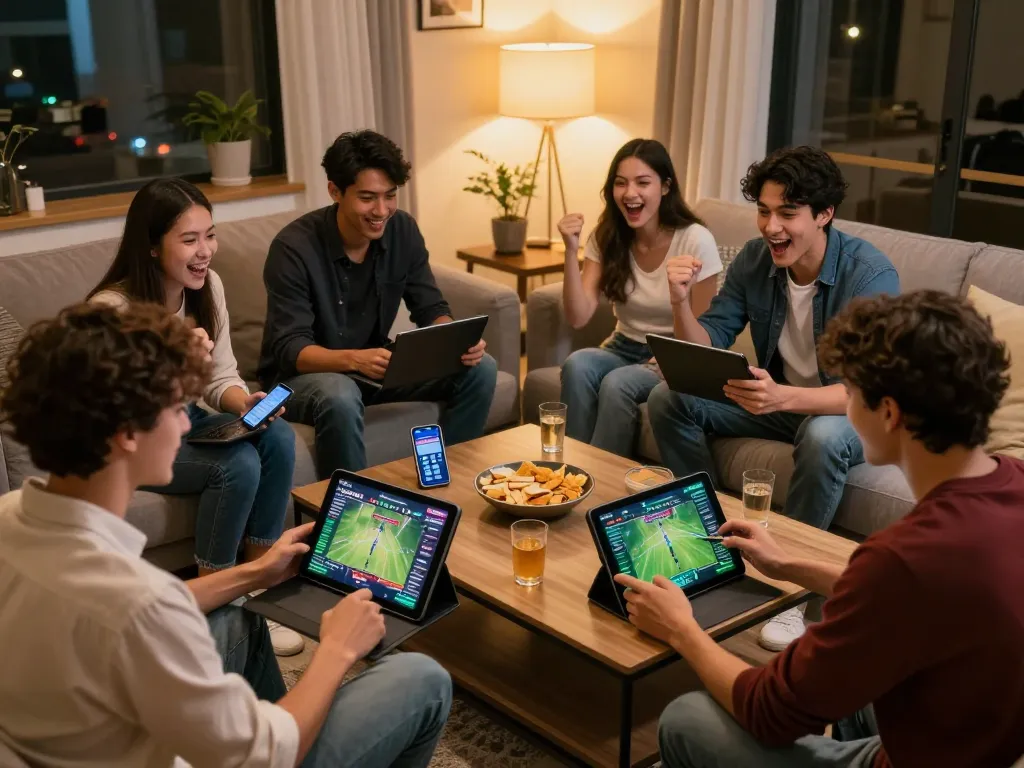 Socolive trực tiếp sports betting action with friends in a cozy living room setting, dynamic screens showing live games.