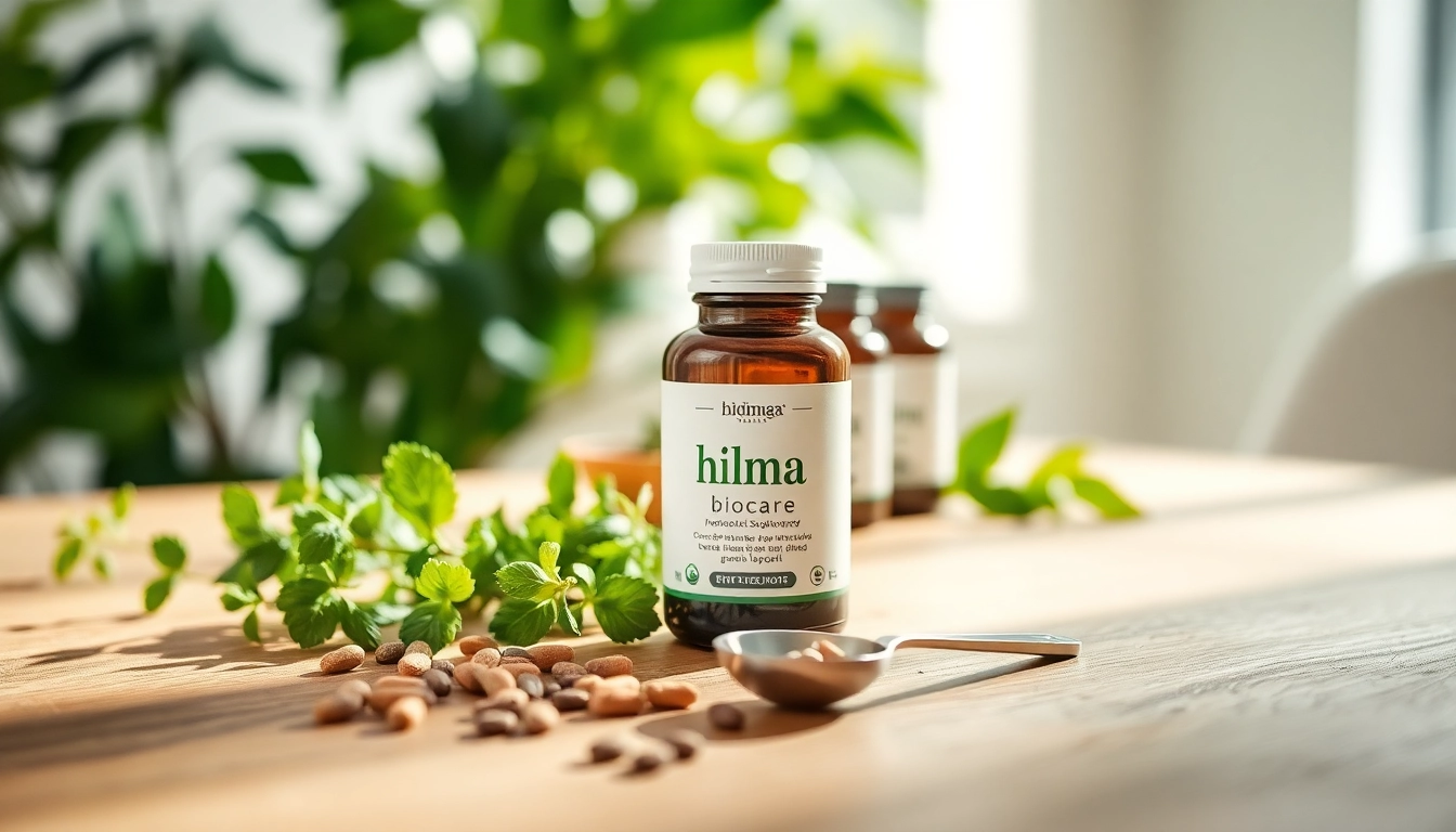 Das hilma biocare Produkt in einem natürlichen Gesundheitssetup auf einem Holztisch.