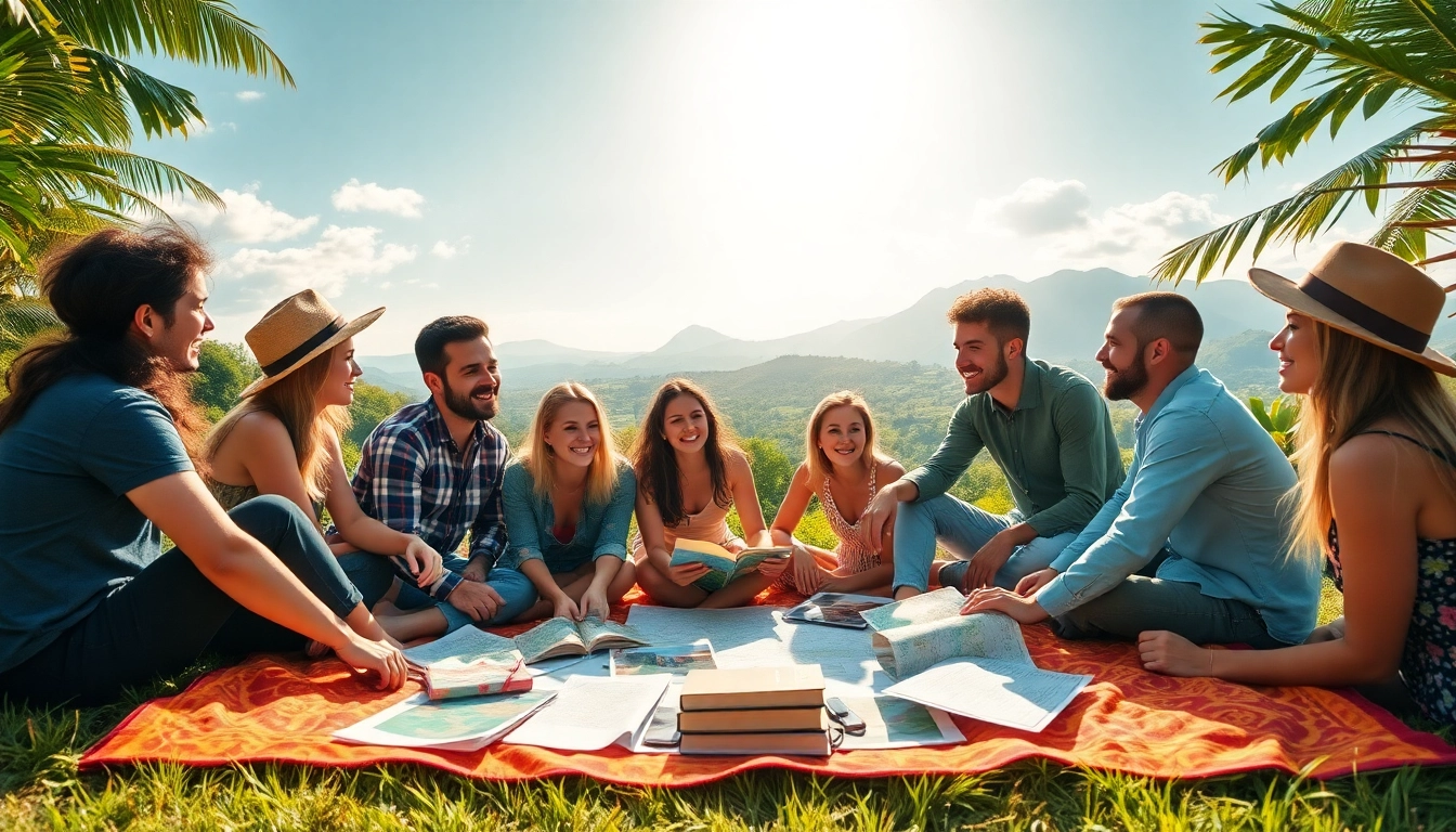 Menschen planen ihre nächsten Fernreisen in einer atemberaubenden Landschaft.
