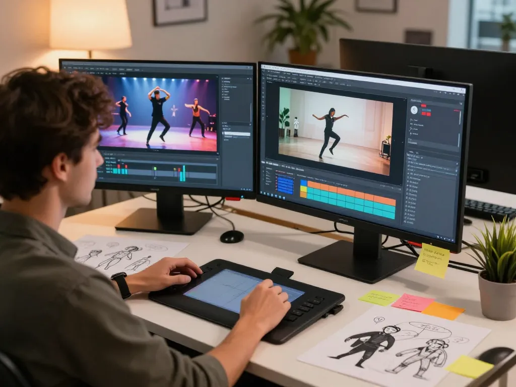 Creative workspace with motion control ai software in use, showcasing animation process with dual monitors and vibrant character sketches.