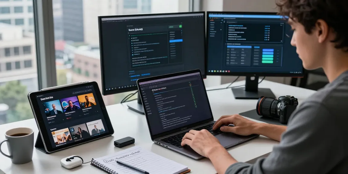 Bypass geoblocking ohne VPN with smart tech workspace setup, showcasing devices and streaming services.