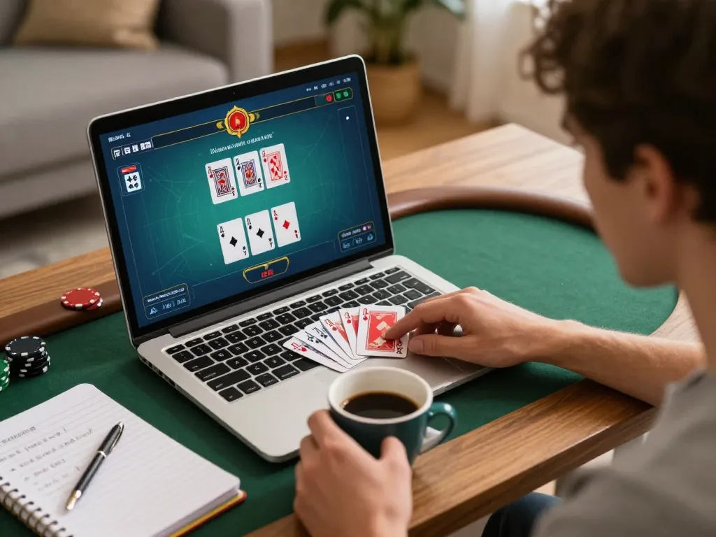 Engaged player using a laptop for online poker, showcasing Bester KI Detektor for strategic gameplay analysis.