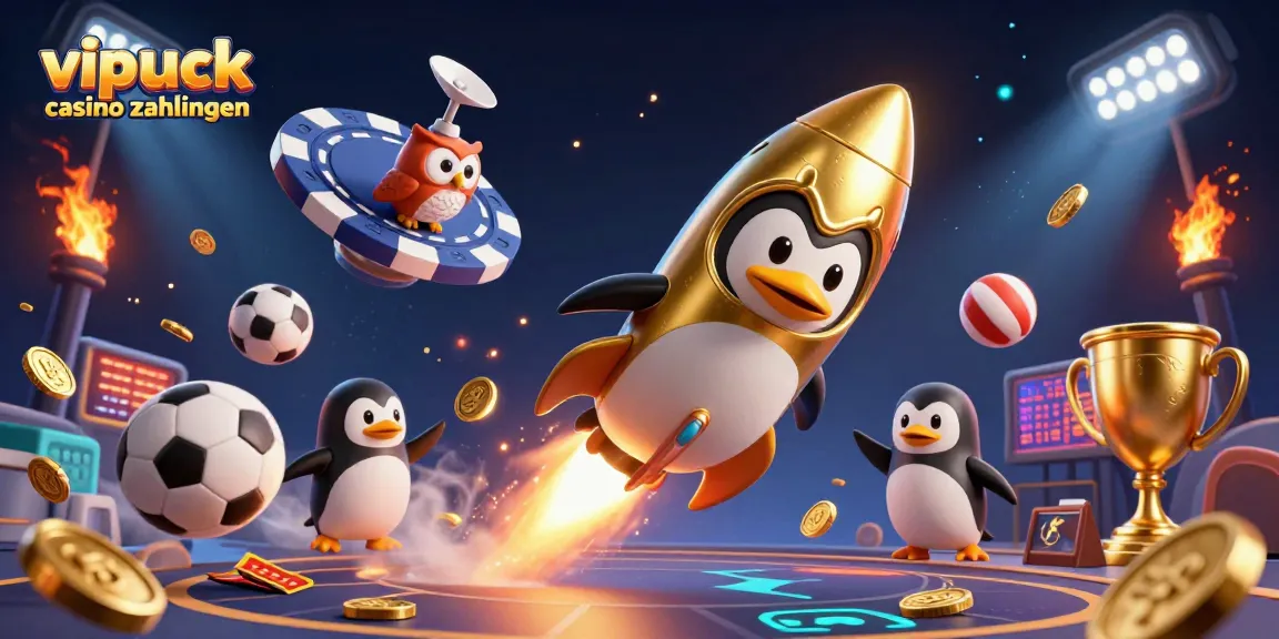 Erleben Sie die aufregenden vipluck casino zahlungen in einer dynamischen 3D-Illustration, die einen goldenen Pinguin und Casino-Elemente zeigt.