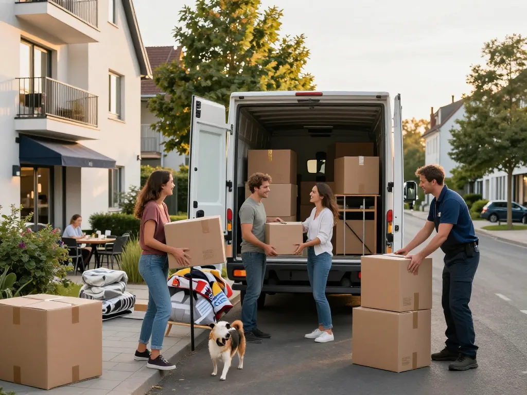 Umzugsunternehmen Hannover, die einer Familie an einem fröhlichen Umzugstag helfen, und organisiertes Verpacken sowie professionellen Service zeigen.