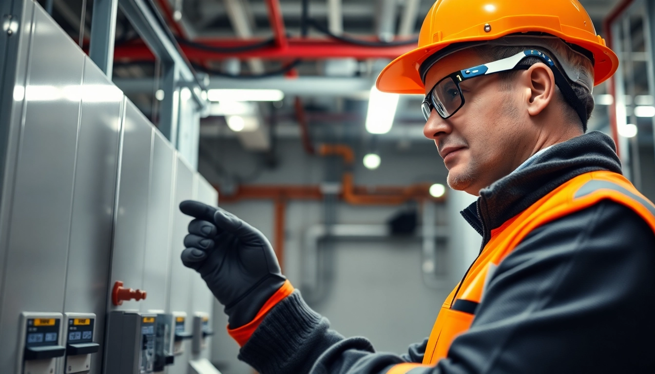 Technician conducting DGUV V3 Prüfung with safety equipment, ensuring compliance and workplace safety.