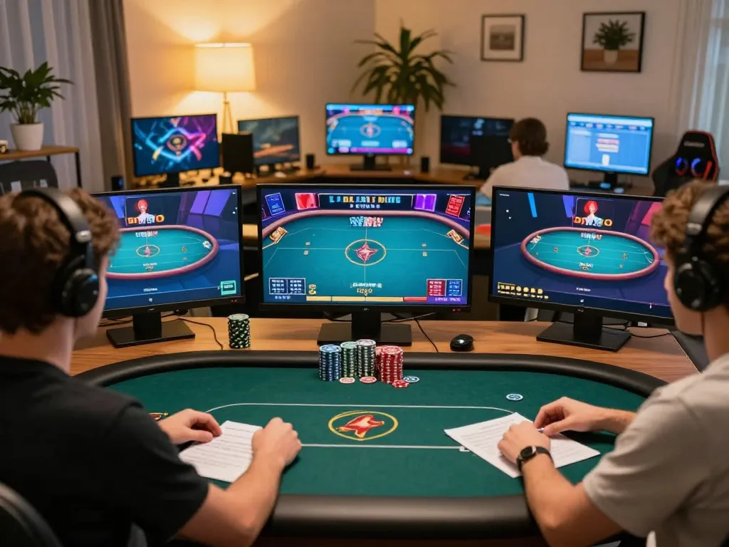Player engaging in strategic online poker on keonhacaii platform with notes and screens visible.