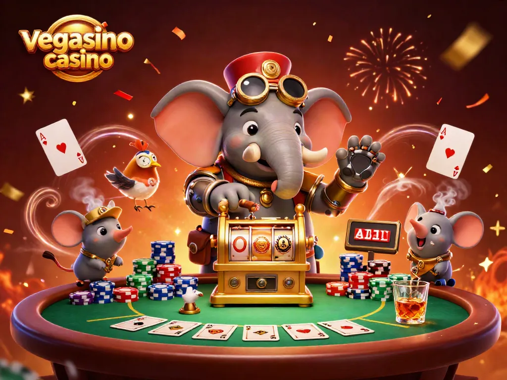 Experience excitement at vegasino casino with a vibrant 3D illustration of a steampunk-themed slot machine.
