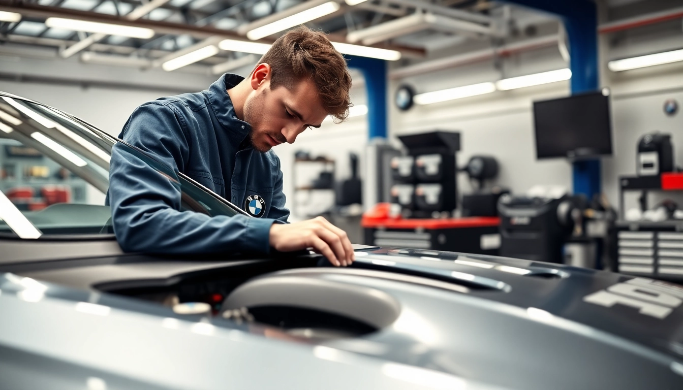 BMW Spezialist arbeitet an einem modernen Fahrzeug in einer hochmodernen Werkstatt.