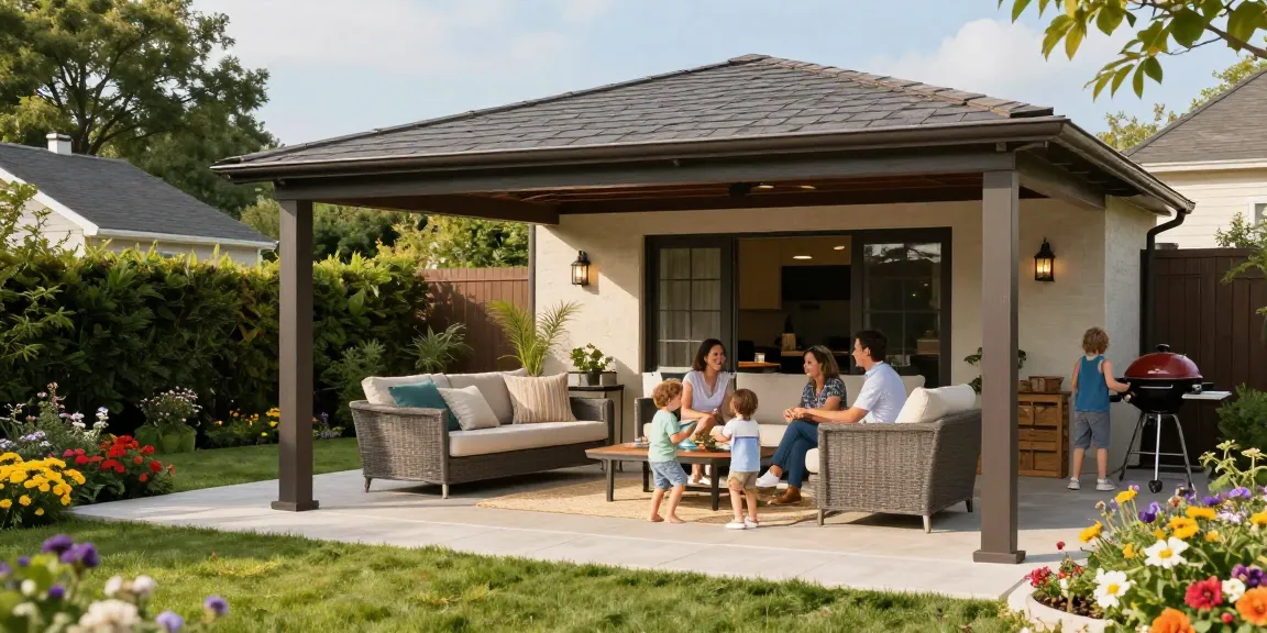 Freistehende Terrassenüberdachung im Garten mit Familie und Blumenbeeten.