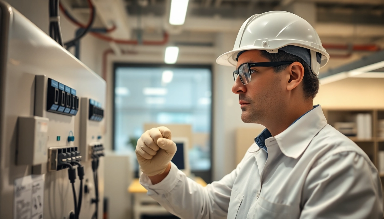 Prüfung ortsveränderlicher elektrischer Betriebsmittel durch Fachkraft mit Prüfgeräten in einem Büro.