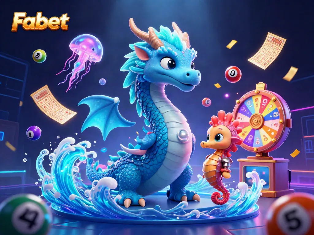 Experience thrilling Fabet adventures with a water dragon and seahorse in a vibrant lottery scene.