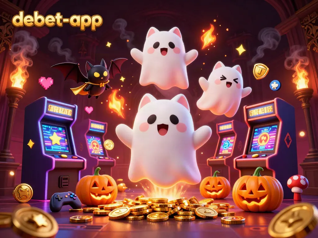 Engage in thrilling gameplay with debet-app, featuring a ghost cat and vampire bat in a vivid casino scene.