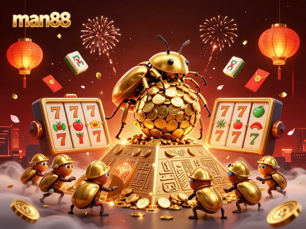 Experience thrilling jackpots at man88 with golden beetles rolling coins in a colorful casino scene.
