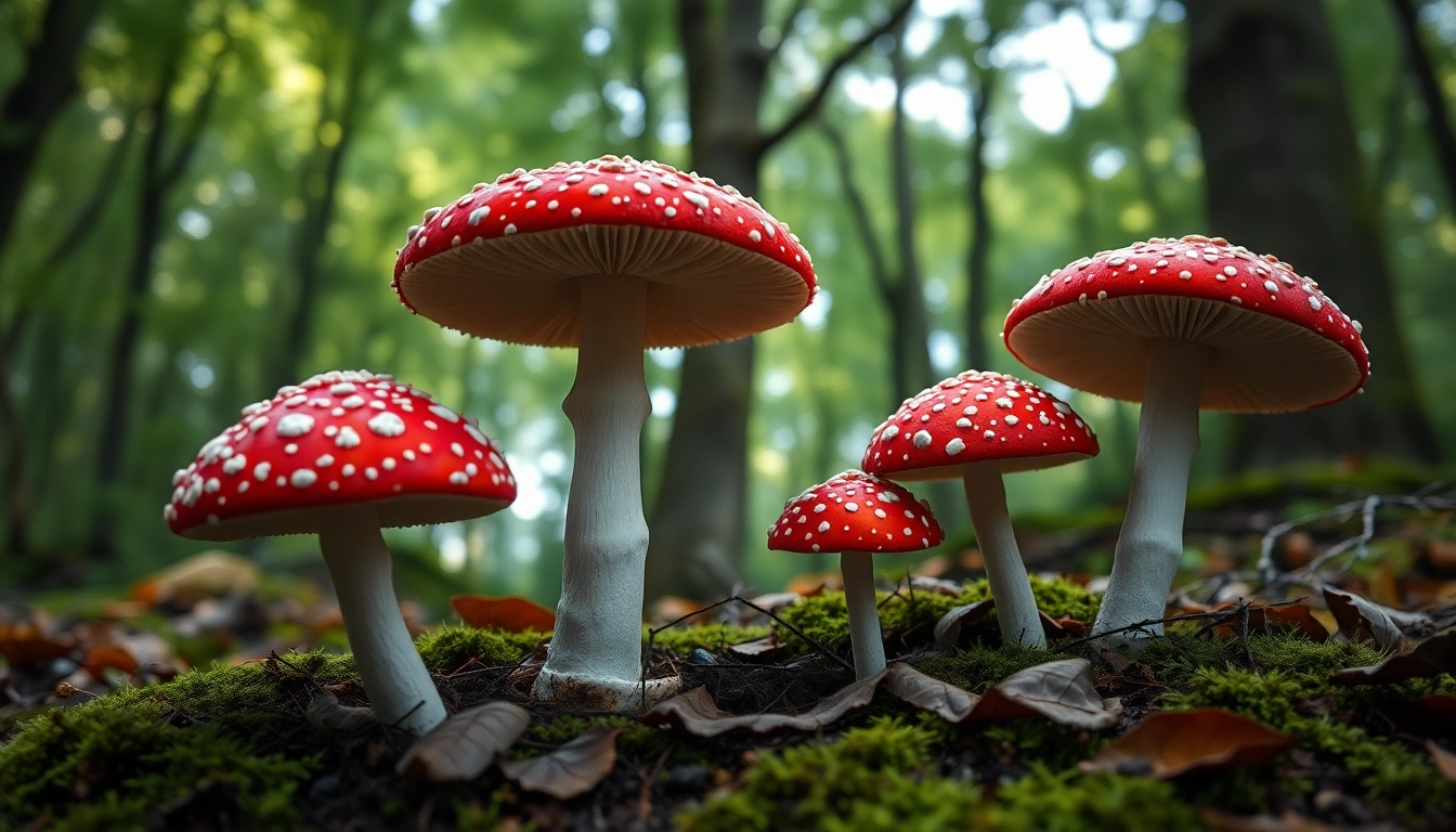 Amanita muscaria kaufen – Entdecken Sie die einzigartigen roten Fliegenpilze in einem mystischen Wald.