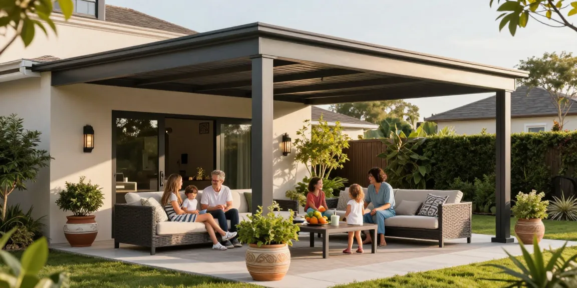 Terrassenüberdachung auf modernem Patio mit Familie, Pflanzen und gemütlichem Sitzbereich.
