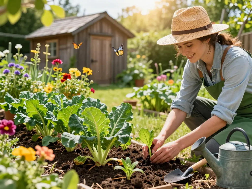 Gardener planting lauchpflanzen in a vibrant home garden, surrounded by flowers and sunlight.
