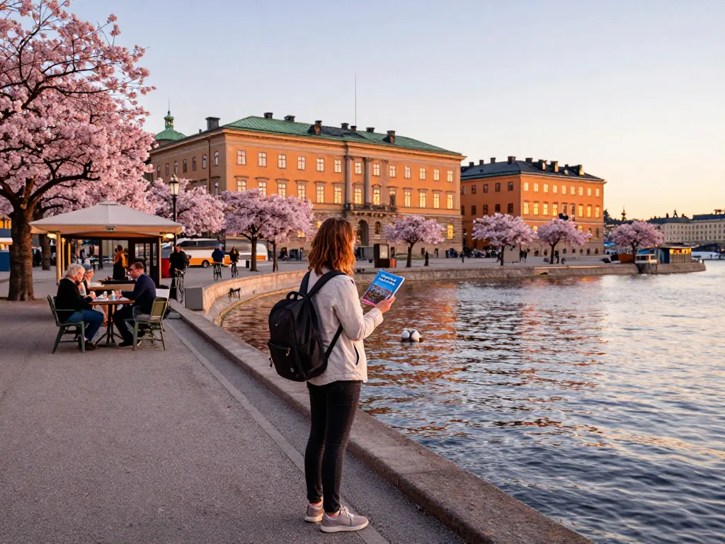 Reisetipps Stockholm Reiseführer in der Hand bei Sonnenuntergang am Ufer, das lebhafte Stadtleben einfangend.