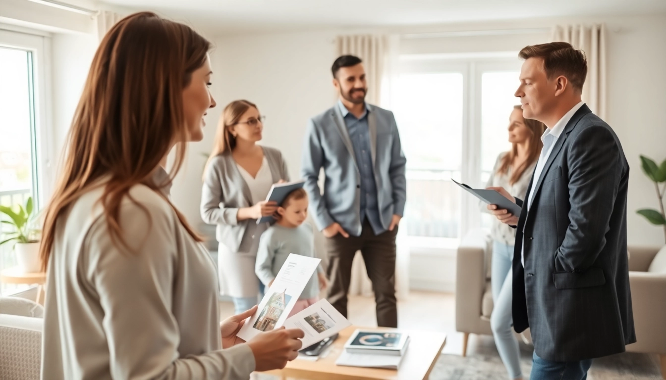 Immobilienmakler Frankfurt Dornbusch berät Familie in modernem Wohnzimmer.