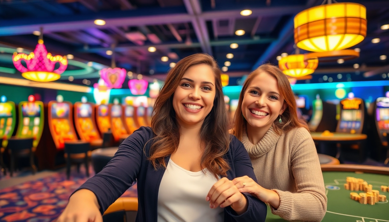 Spiele in den besten Online Casinos Österreich mit lebhaften Spielautomaten, fröhlichen Spielern und beeindruckendem Ambiente.