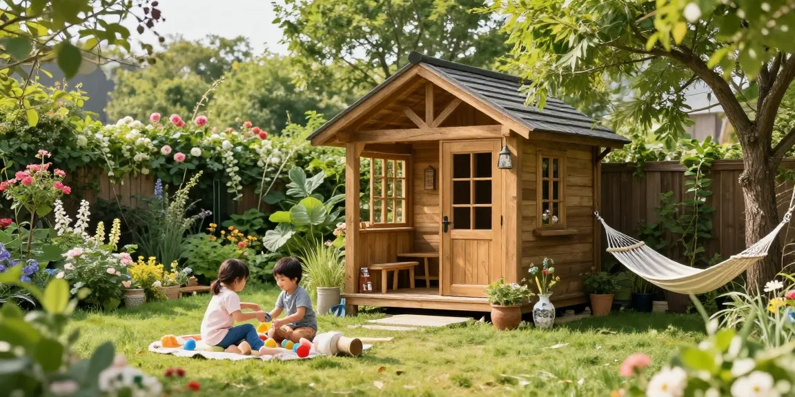 Schönes Gartenhaus Holz umgeben von Pflanzen und einer spielenden Familie im Garten.