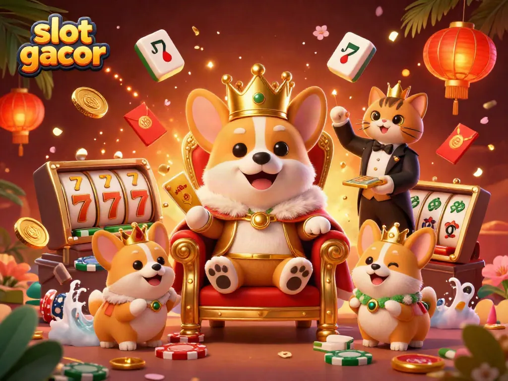 Explore the exciting world of slot gacor with a vibrant 3D cartoon scene filled with royal corgis and casino elements.