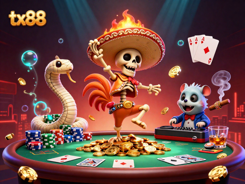 Experience the excitement of tx88 with a lively casino scene featuring vibrant characters and poker elements.