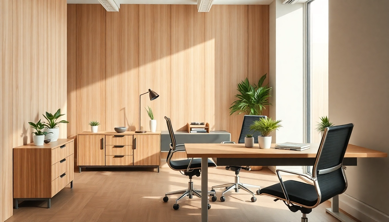 Elegante Büromöbel in einem modernen Büro mit ergonomischem Schreibtisch und Bürostuhl.