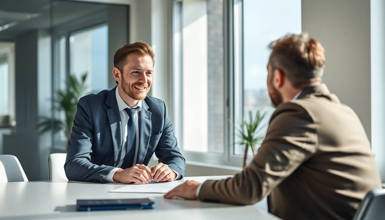 Professioneller Headhunter berät Kandidaten über Karrierechancen in einer positiven Büroumgebung.