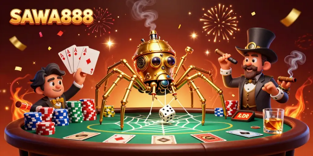 Experience SAWA888 with a steampunk spider capturing dice in a lively casino scene.